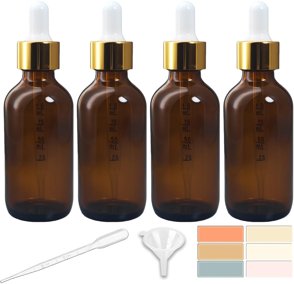 4 stuks 60ml Druppelflessen - Donker amber glas met gouden dop