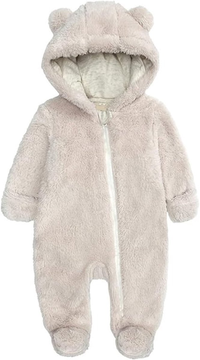 Kinderromper van pluche - Knuffelbeertjes met capuchon, rits en lange mouwen - Warme romper met capuchon - Winteroutfit - Beige - 6