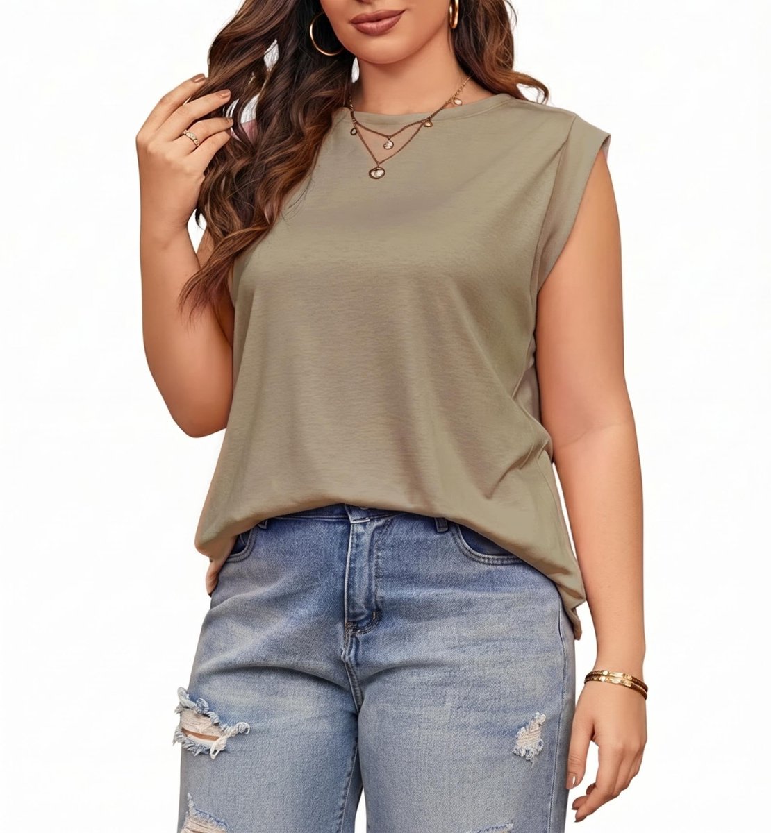 Plus Size Tanktop - Mouwloos Ronde Hals - Khaki