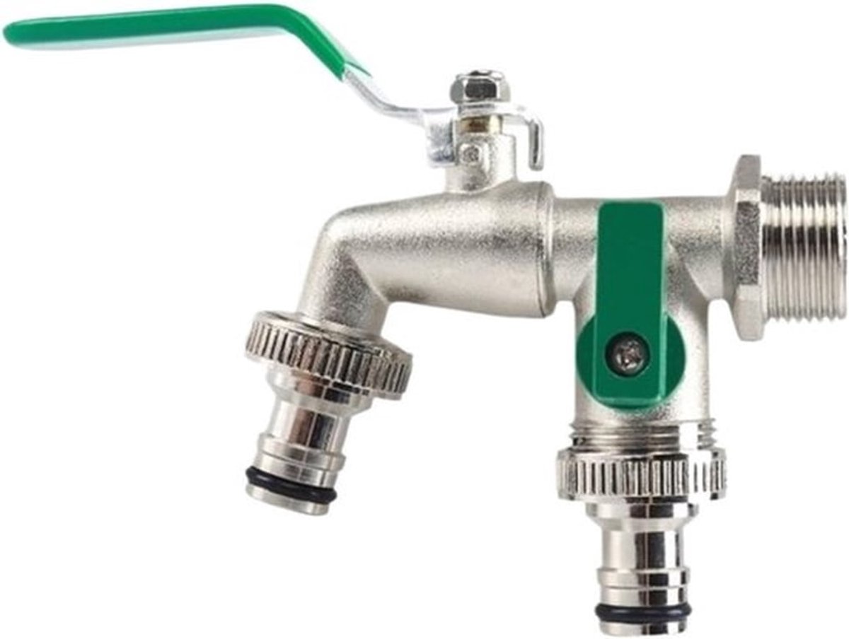 Universele Dubbele Buitenkraan - Vorstvrij & Roestbestendig - Premium Messing - 1/2 inch Inlaat & 2x 3/4 inch Uitloop - Inclusief Afdichtband & Slangkoppelingen - Tuinkraan - Goud/Zilver