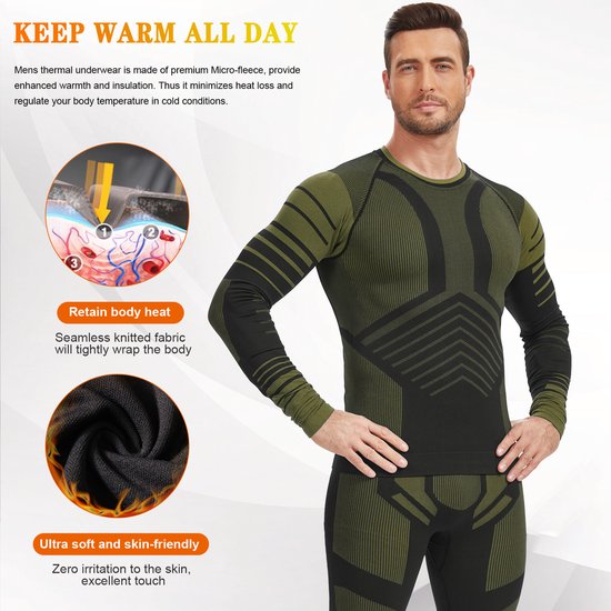 Man in thermisch ondergoed met lange mouwen, groen en zwart, met geometrische patronen, met een illustratie van warmtebehoud.