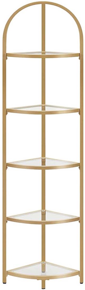 Opbergrek Hoekboekenkast Displayrek 28x28x158 cm Goud 5 geharde glazen planken met stalen frame Ruimtebesparend Stevig en duurzaam Max. draagvermogen per plank 5 kg Gemakkelijk schoon te maken en te monteren Geschikt voor woonkamer slaapkamer keuken