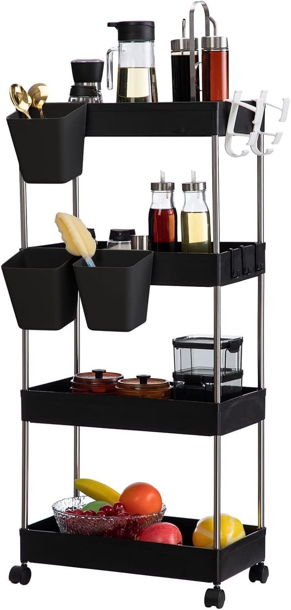 Mobiele Boekenplank met Wielen - Slimme 5-Tier Boekenkast voor Woonkamer, Slaapkamer en Kantoor, Wit met Opbergruimte