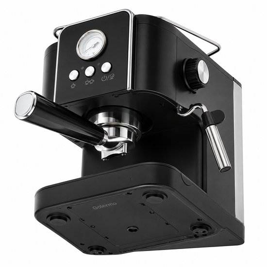 Zwarte 20-bar espressomachine van Golermo met RVS details, melkopschuimer, temperatuurmeter en warmhoudplaat.
