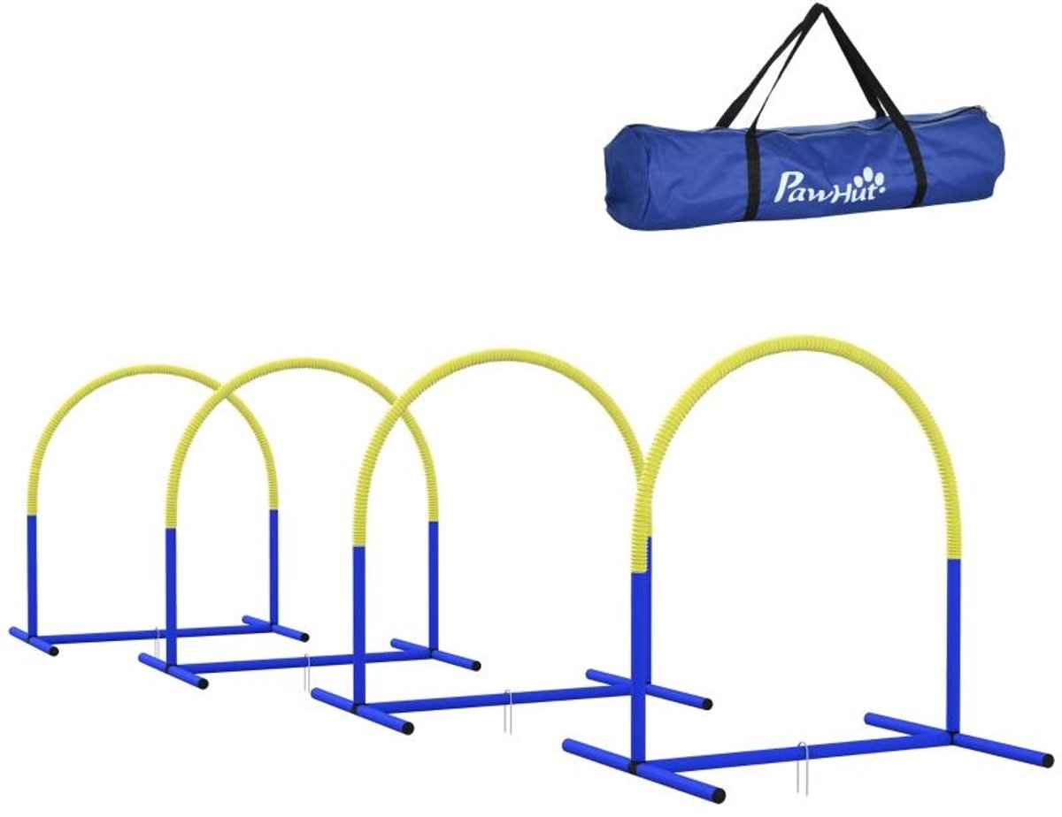 Honden Agility Set 4 Bogen 88x64x95cm Blauw+Geel voor Beginners met Draagtas Geschikt voor Oudere Honden Training