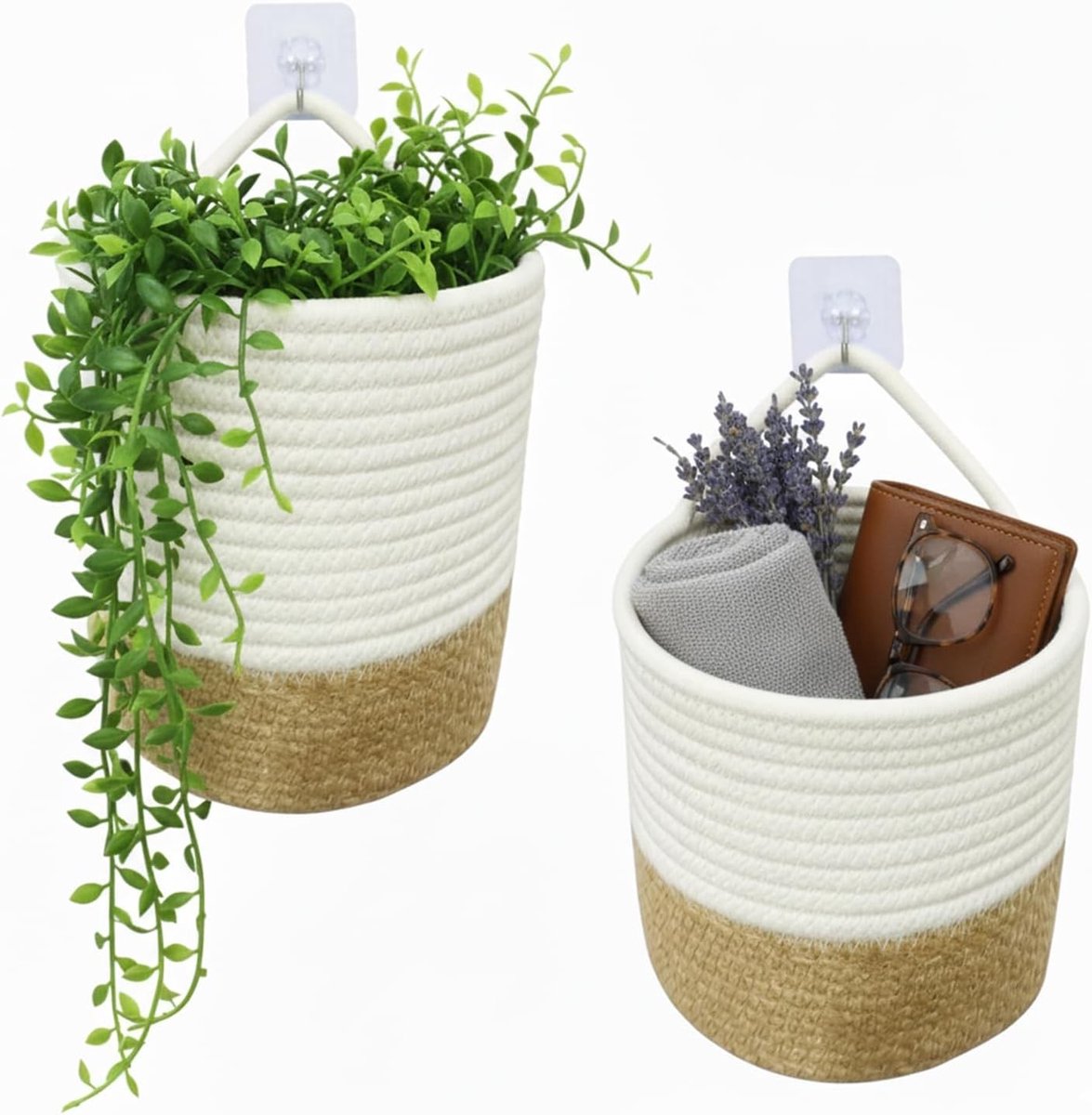 Opbergmanden Set van 2, Rechthoekige Gevlochten Hangmanden voor Woonkamer, Kinderkamer en Badkamer, Vouwbaar met Handvatten voor Dekens en Speelgoed, Wit en Jute