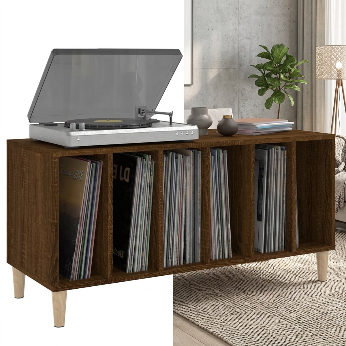 Platenspeler Meubel - LP-kast - Platenspelerkast - Draaitafelstandaard - Platenspelerstandaard - Vintage Displayplank - Bruineiken