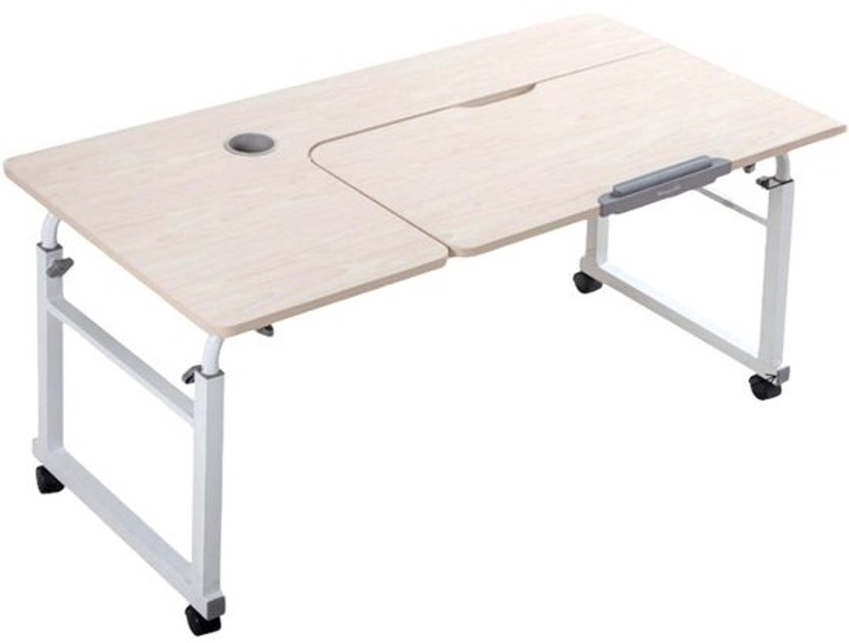 Overbedtafel met wielen - Bedbureau mobiel - Comfortabel werken - In hoogte verstelbaar - 120cm - Wit esdoorn