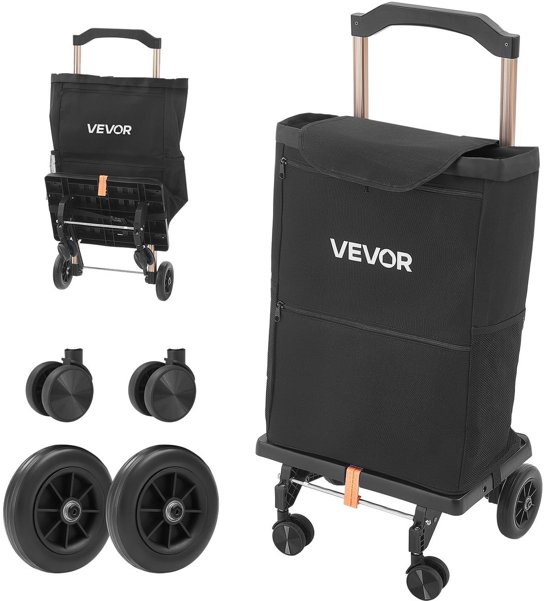 Opvouwbare boodschappentrolley met 4 wielen en afneembare tas - Zwart