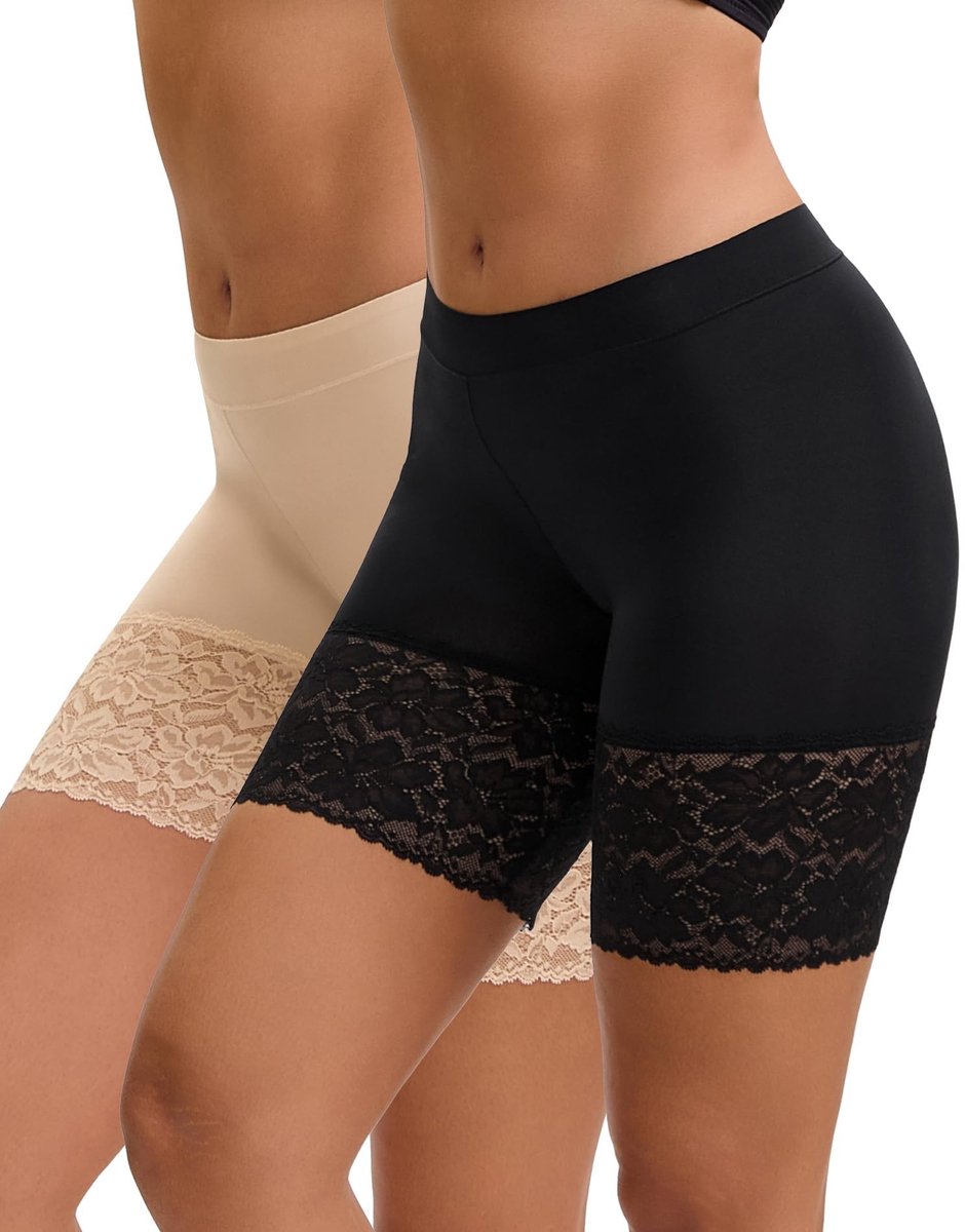 Dames fietsshorts met kant - Anti-schuur en lichtgewicht - Zwart/Beige