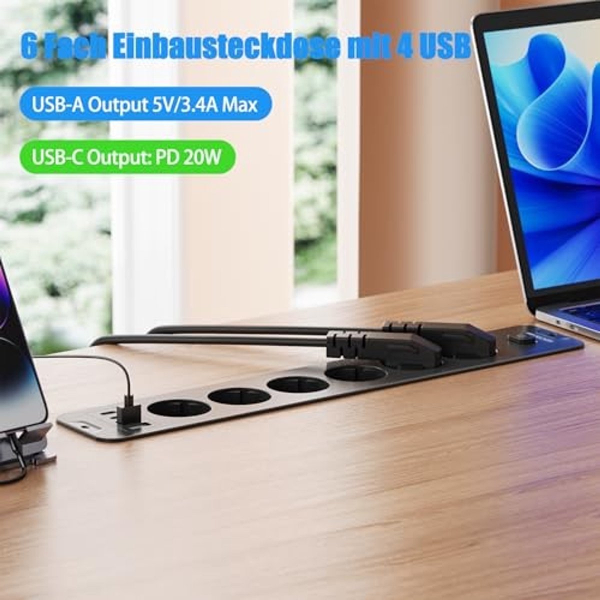 Stekkerdoos met 6 uitgangen - Aan/uit-schakelaar en USB-sleuven - Wit