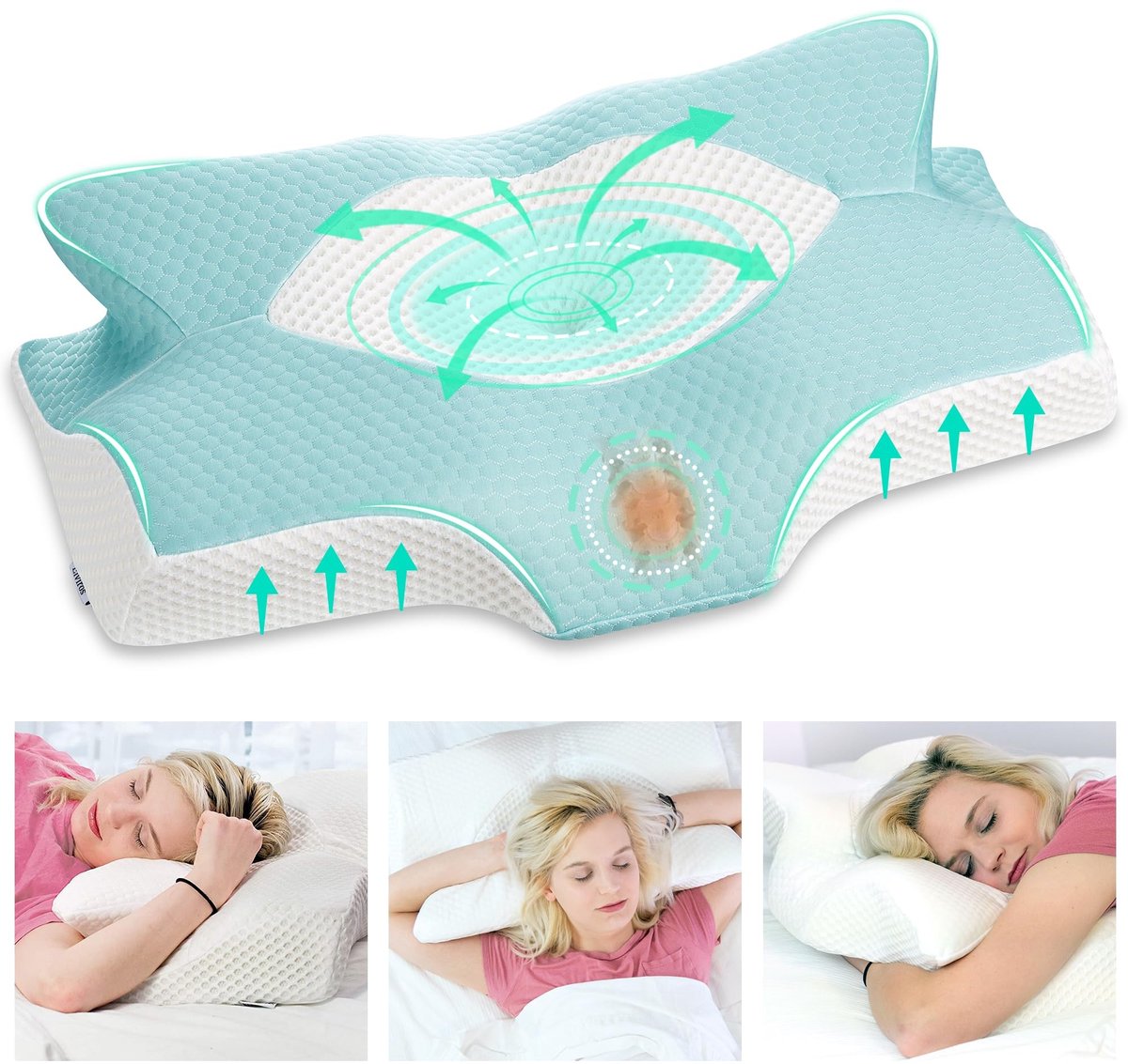 Ergonomisch Orthopedisch Hoofdkussen - Verwijderbare Memory Foam - Blauw-Groen 64 x 12,5/10,5 x 42 cm