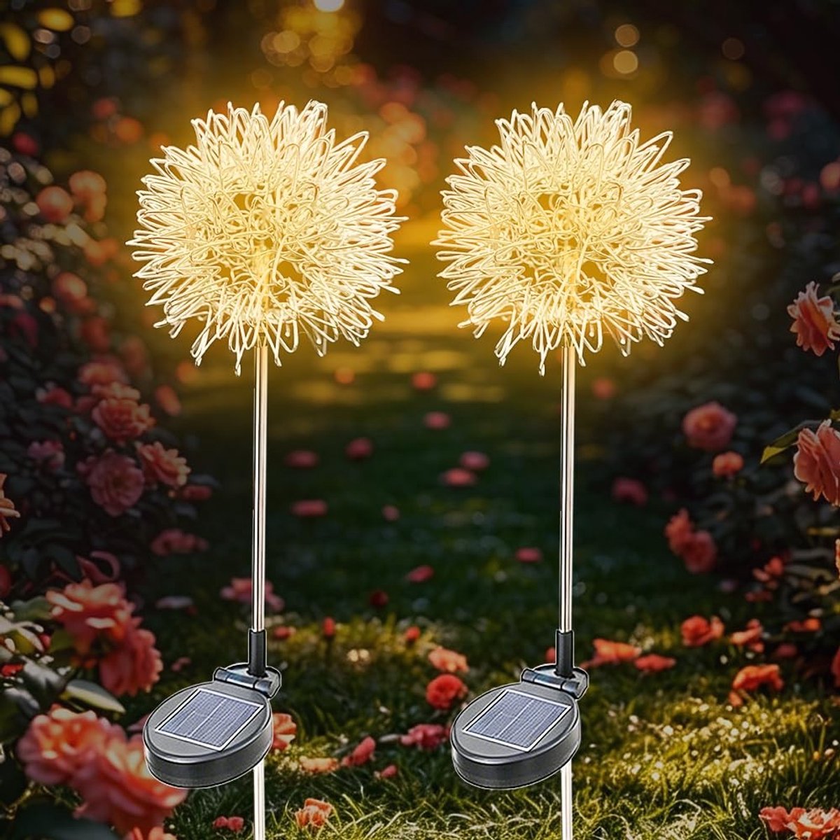 Solar Tuinverlichting Set van 2 - Dandelion Stijl, Aluminium, Warm Wit LED, Weerbestendig