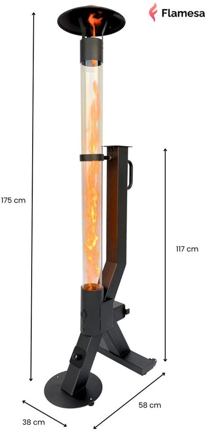 Zwarte pelletkachel met glazen vlammenbuis, met afmetingen aangegeven in centimeters.