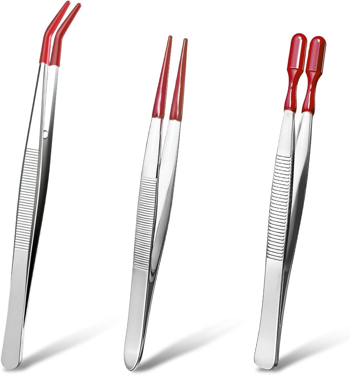 Set van 3 Precision Pincetten met Rubber Tip, RVS, Gebogen, Plat en Puntig voor Sieraden, Handwerk en Elektronica