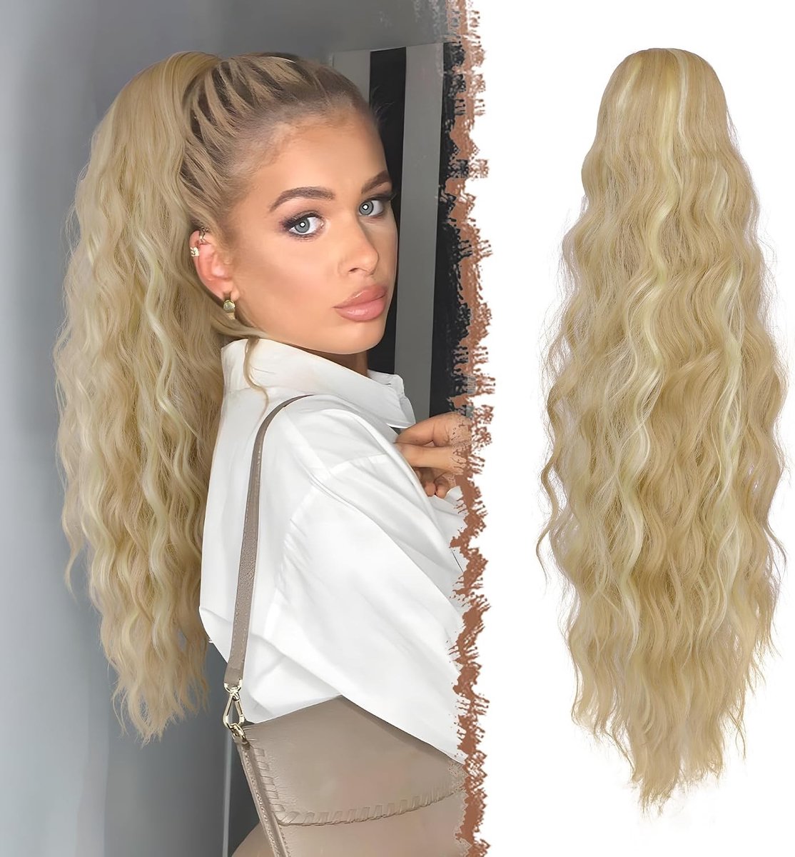 Lange Ponytail Haarstuk met Kam - Krullend Golvend Haar - Synthetische Haarextensions voor Vrouwen - 60cm Donker Asblond met Gebleekt Blond