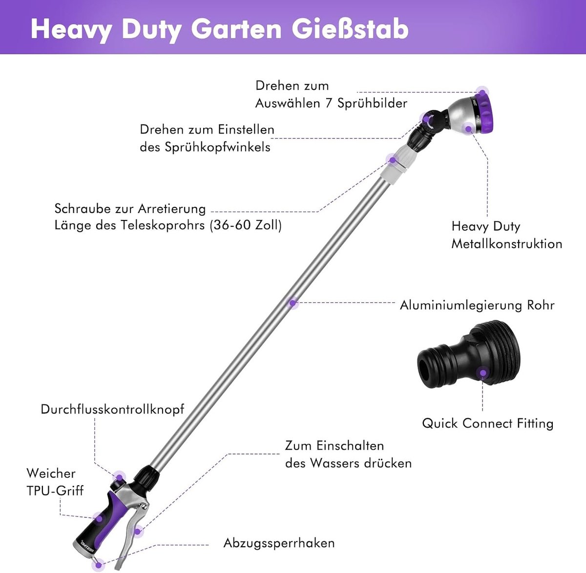 Telescopische Watergeefstok 91-152 cm met 180° Verstelbare Ratchetkop | 7 Spuitpatronen | Stroomregeling voor Tuin, Hangende Mandjes en Struiken