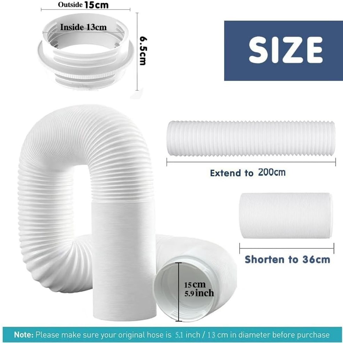 Verlengslang voor airconditioning, 2 m, afvoerslang met adapter 130 mm/150 mm, ideaal voor ventilatie en koeling