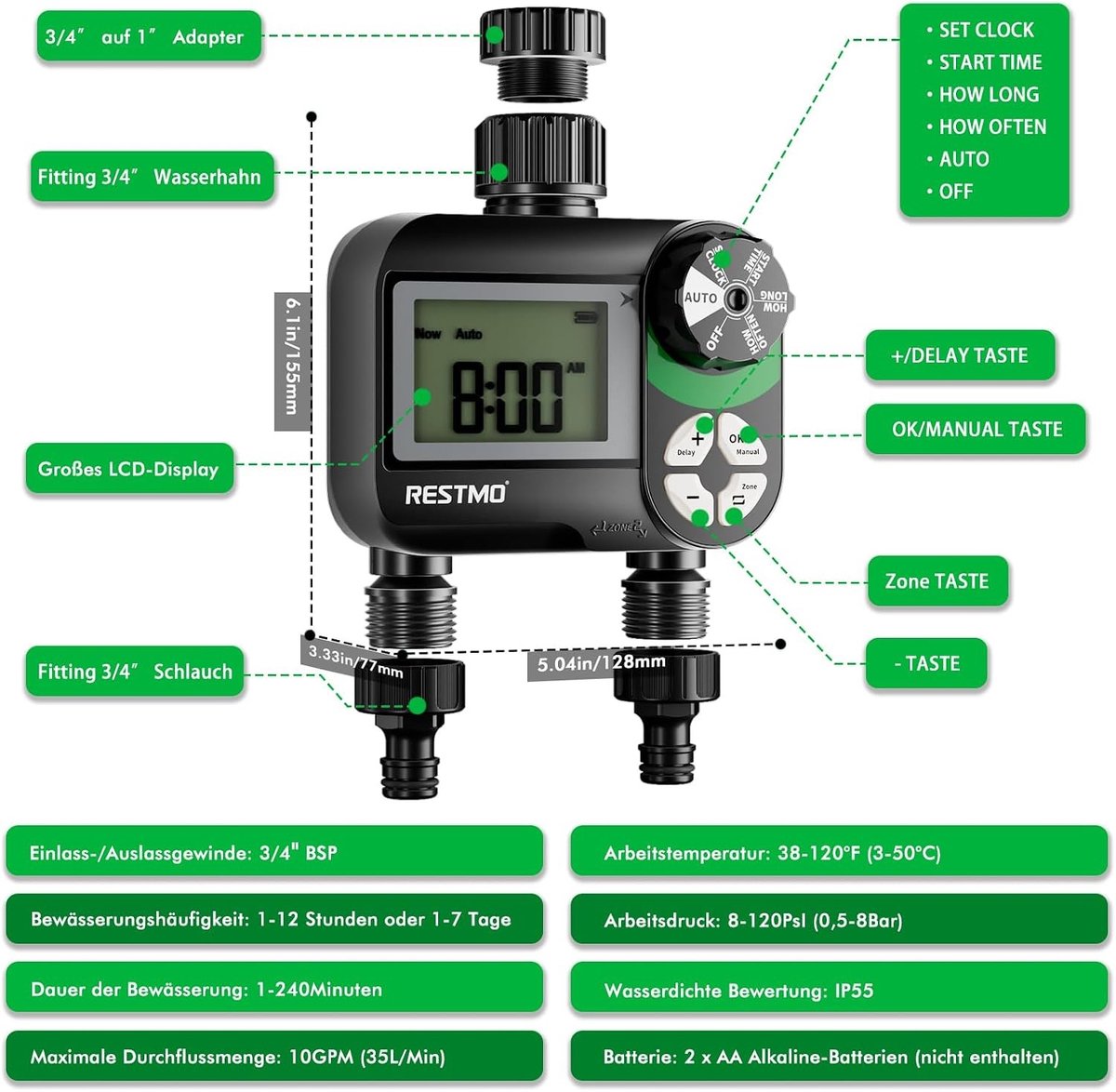 Irrigatiecontroller met Spray Timer voor Tuin, Buitenkraan en Gazonsysteem, 2 Zones en Groepsintervalschema