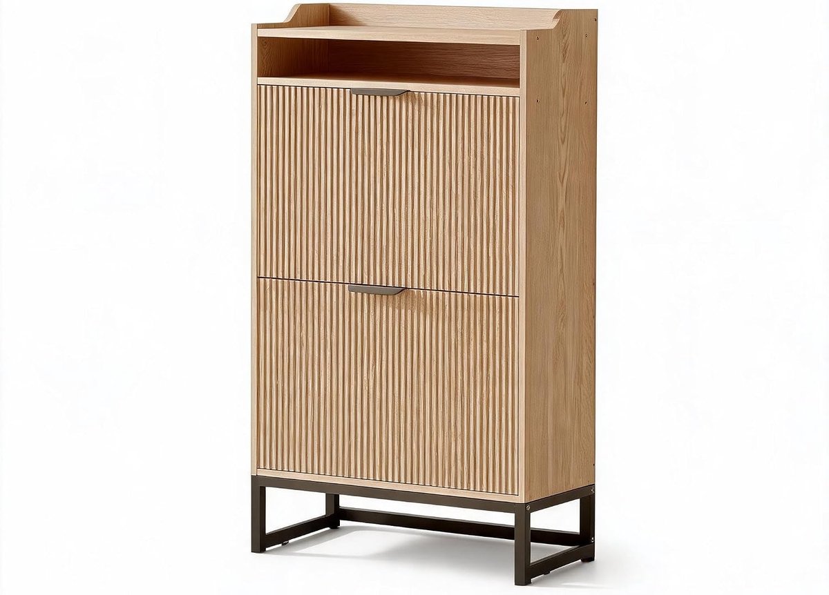 Slanke ruimtebesparende schoenenkast 60x24x112 cm‑houtkleur‑moderne houten uitvoering‑2 klapladen‑open plank‑verstelbare planken‑metalen poten‑geschikt voor hal‑gang‑woonkamer