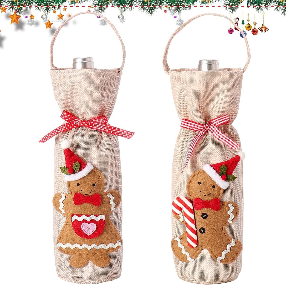 Jute wijnzak voor kerst, perfect voor wijnflessen, cadeauzakken, tafeldecoratie en feestelijke gelegenheden