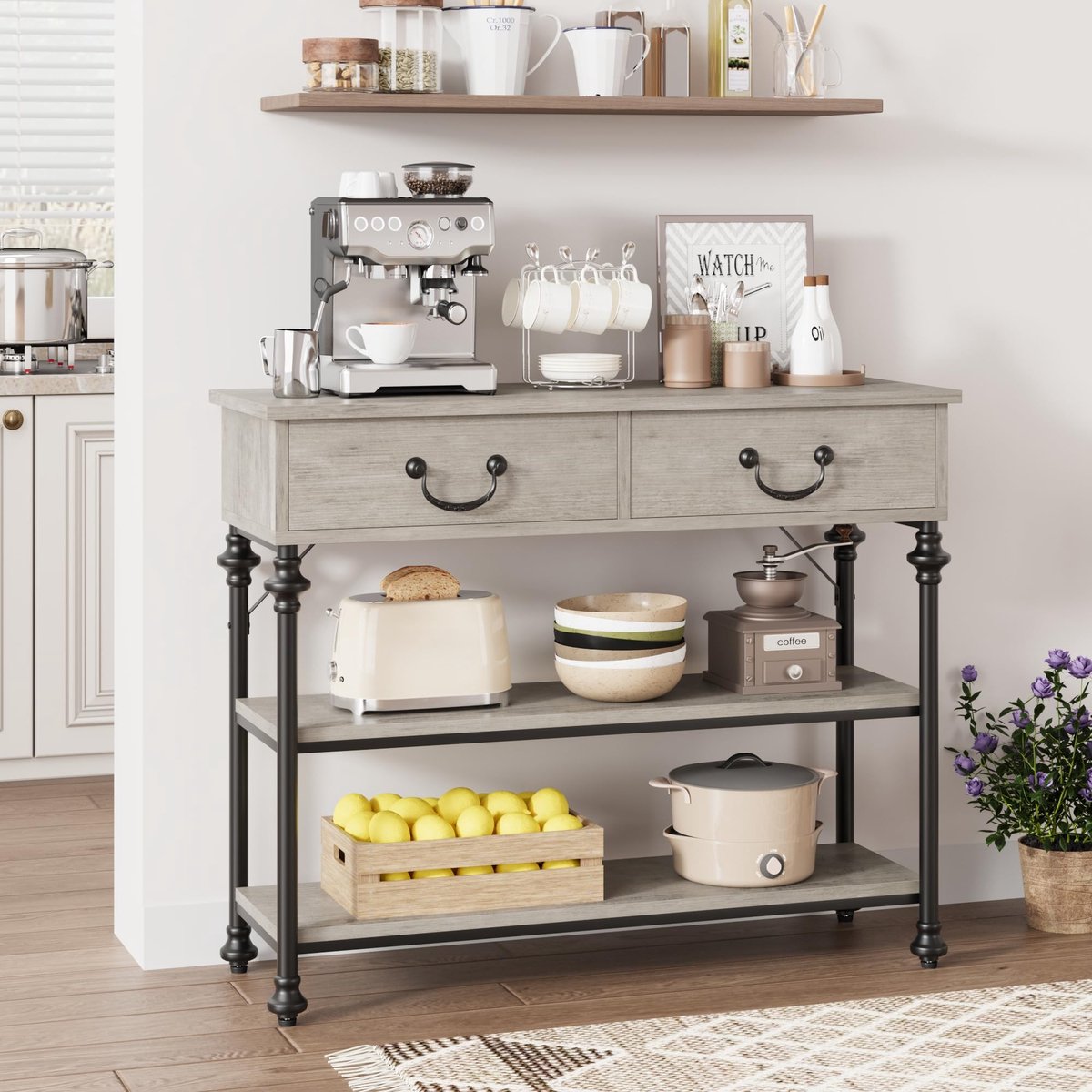 Danky Industriële Sidetable 100 cm - Smalle Consoletafel met 2 Laden & 2 Open Planken - Wandtafel voor Gang & Woonkamer - Vintage Houtlook - Zwart & grijs