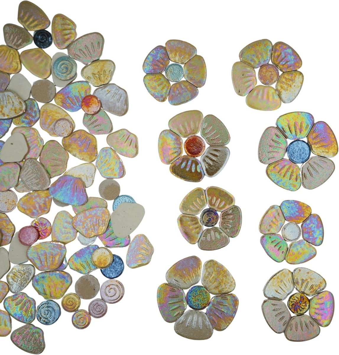 Iridescent Keramische Mozaïektegels met Bloemblaadjes en Bladeren, Gemengde Maten, 0.5kg, Voor DIY Decoratie en Tuinprojecten