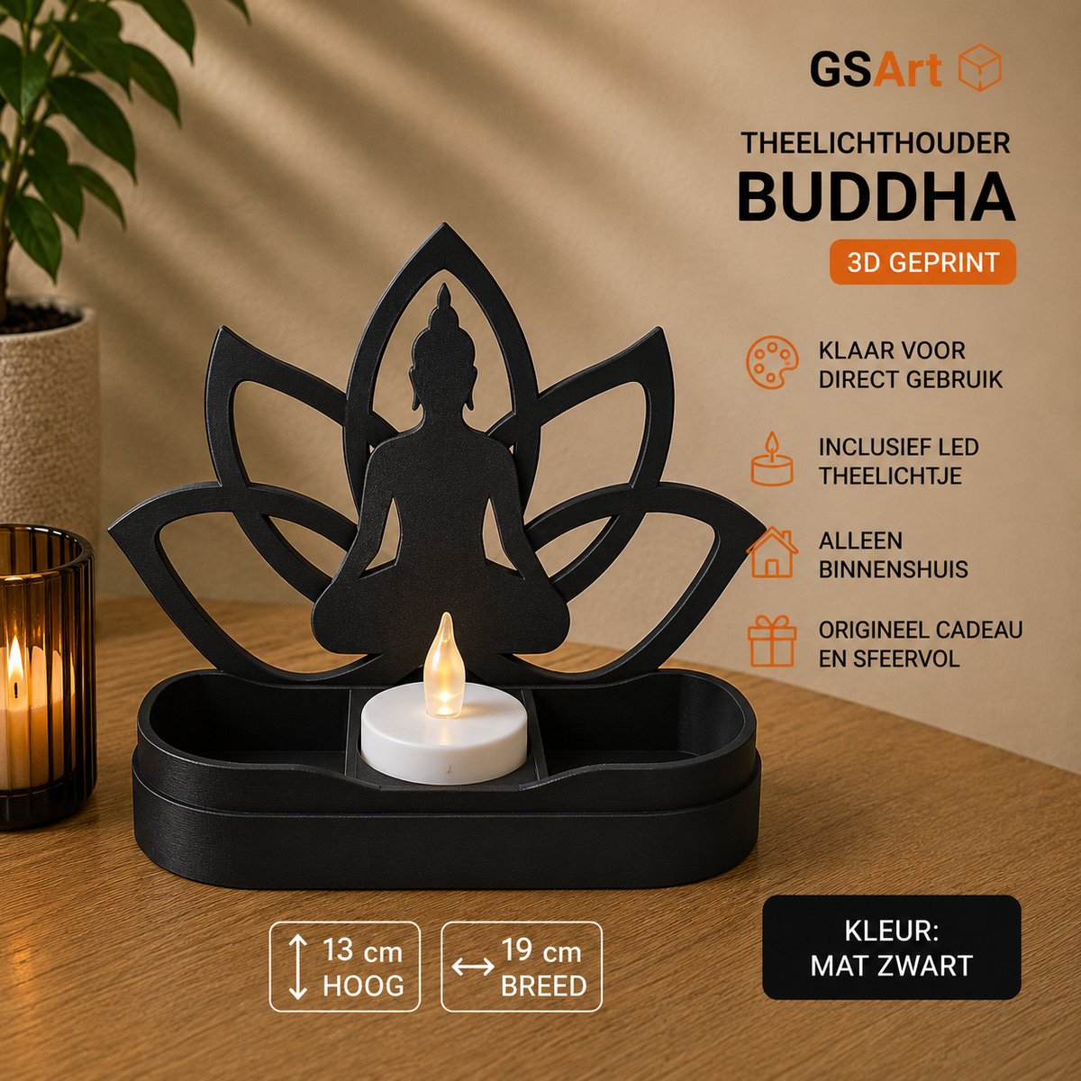 GSArt Theelichthouder Buddha 19cm – Lotus – Inclusief LED Theelichtje - Mat Zwart
