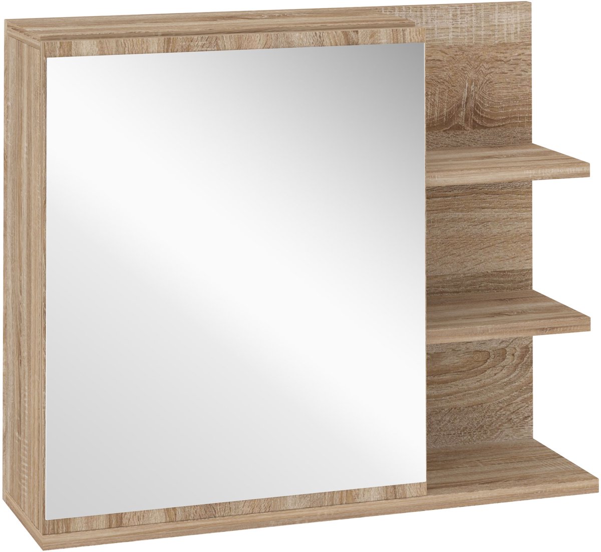 Badkamerspiegelkast met plank, 3 zijplanken, wandinstallatieset inbegrepen, spaanplaat, licht eiken look