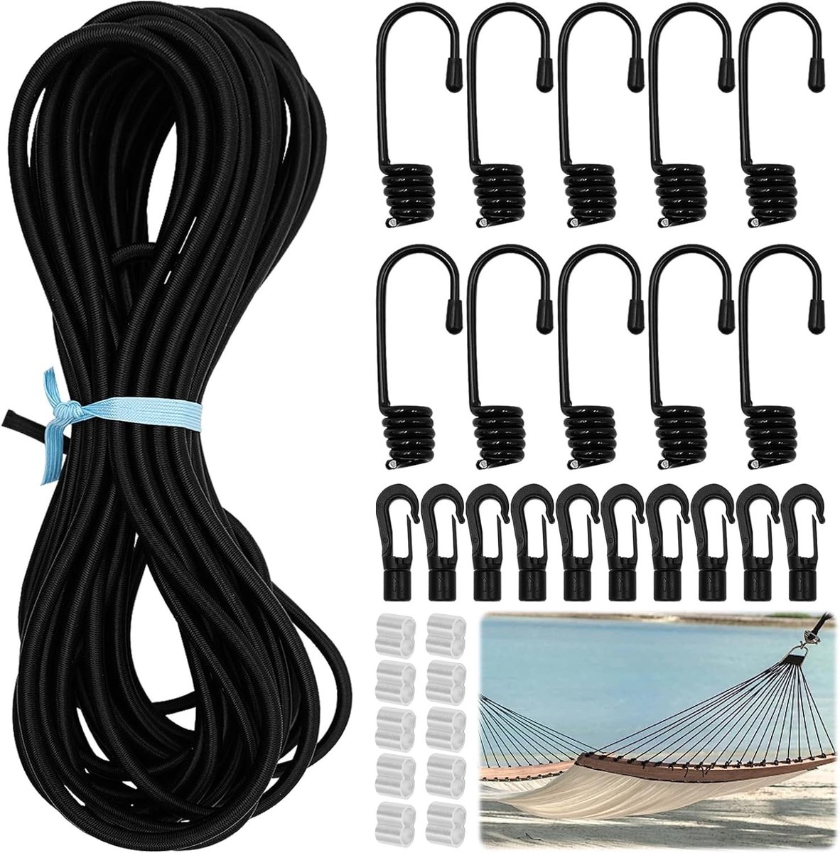 Elastisch Touw 6 mm x 10 m met 10 Spiralen en 10 Haken voor Camping, Zeilen en Trailer Tarpaulins