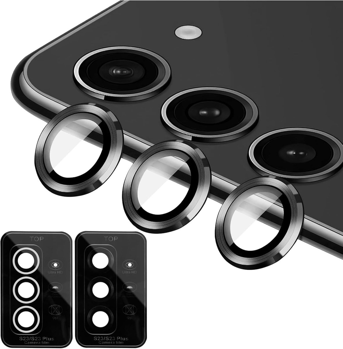 Camera Bescherming voor Galaxy S23/S23 Plus, 9H Veiligheidsglas, HD Helder, Metalen Ring, 2 Sets in Zwart en Zilver, 6 Stuks Tempered Glass voor Optimale Camera Bescherming