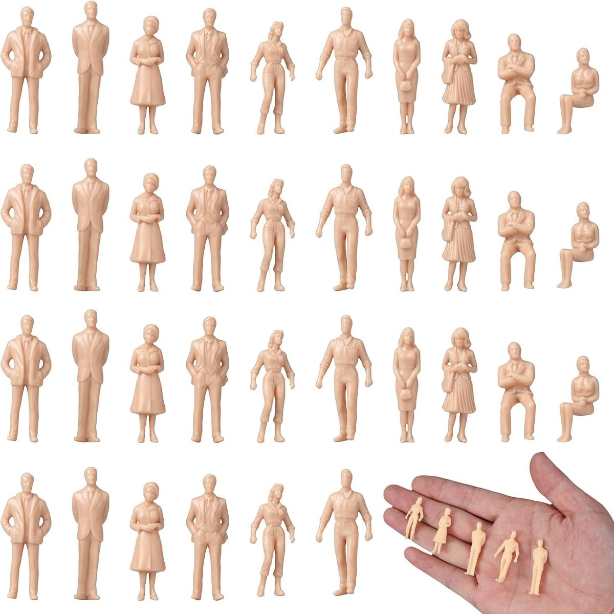 50 Ongeverfde Miniatuur Figuren voor Modelbouw in Schaal 1:50, Diverse Huidtinten en Gedetailleerde Afwerking
