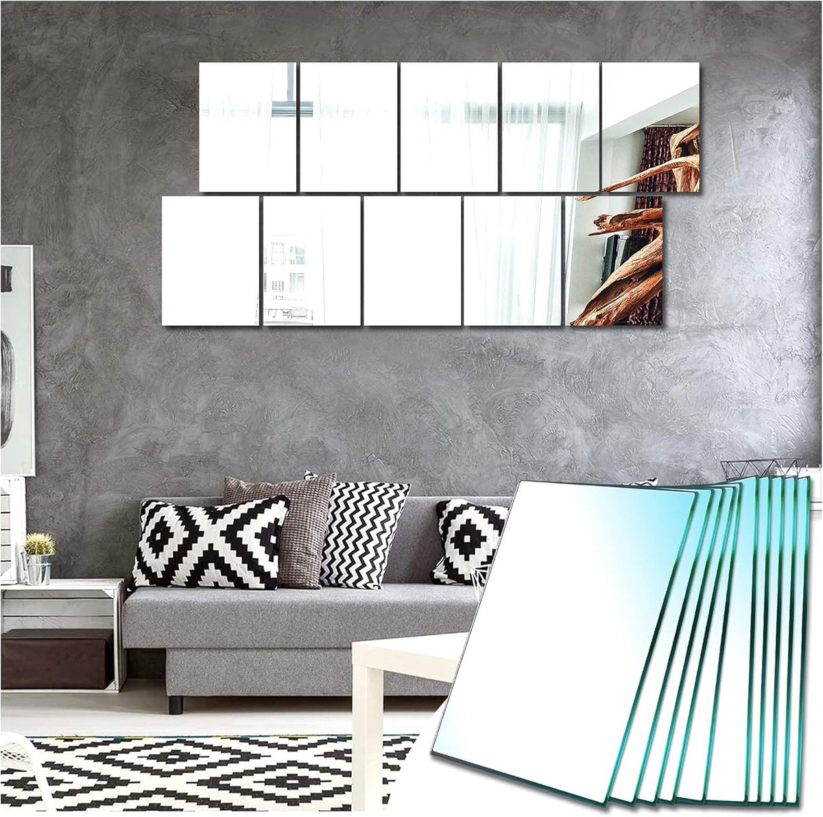 Set van 10 Zelfklevende Spiegeltjes van HD Glas, 15 x 23 cm, Perfect voor Wanddecoratie in Woonkamer, Slaapkamer en Hal