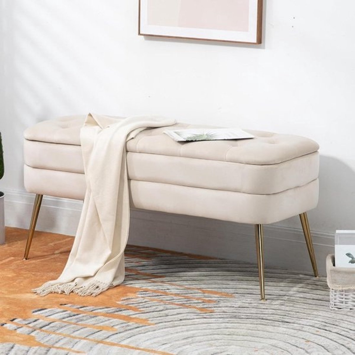 Opbergbank Ottomaans - Voetenbank Poef - Woonkamer Organisatie - Fluwelen Bekleding - 104cm - Beige