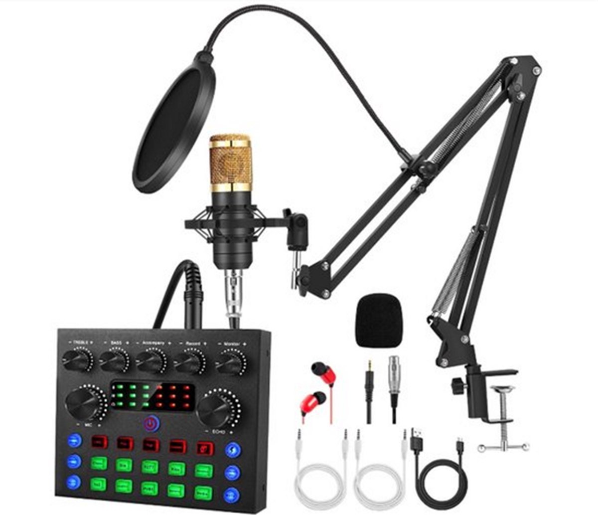 Podcastapparatuur Bundle-Audio-interface met stemwisselaar en BM800 condensatormicrofoon-Audiomixer Perfect voor Opnemen, Uitzenden, Live Streaming, YouTube, TikTok-DJ Mixer-met Boom Arm