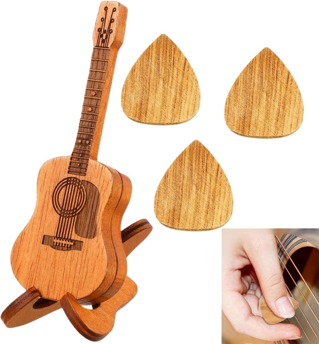 Houten Plectrumdoos voor Akoestische Gitaar, Inclusief 3 Plectrums, Ideaal voor Gitaar, Bas en Ukelele, Decoratief en Handig Accessoire