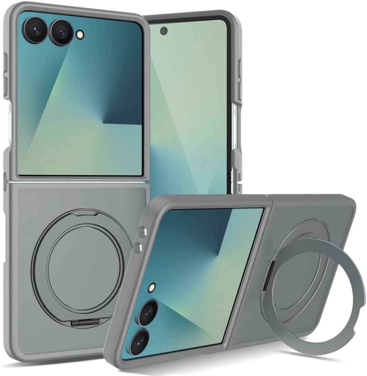 CaseMania Backcase hoesje geschikt voor Samsung Galaxy Z Flip 8 - Grijs - TPU (Zacht) - Frozen Frosted look - Uitklapbare 360 Ring - Compatible met MagSafe & Qi2