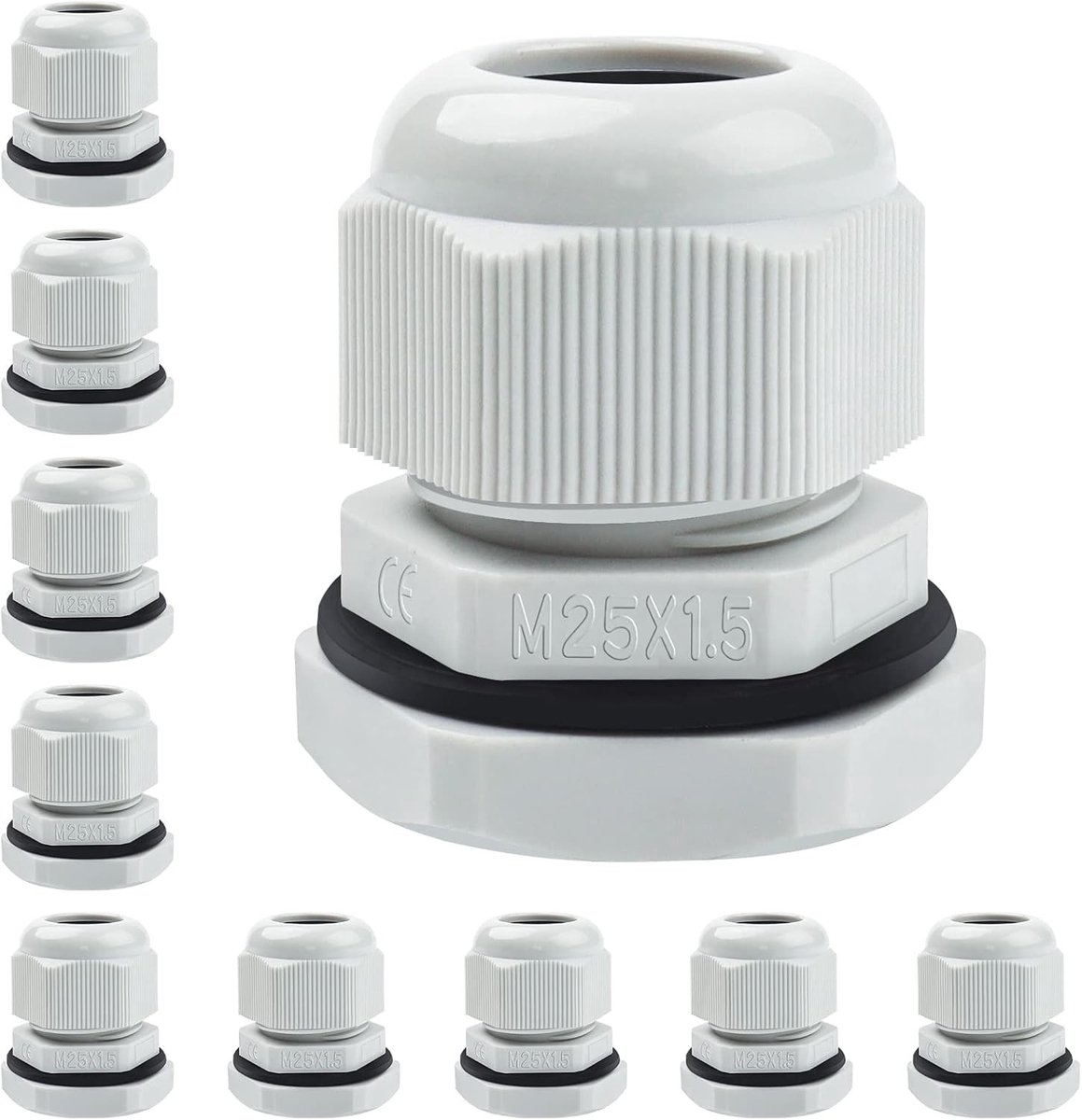 10 Stuks M25 Kabeldoorvoeren, IP68 Waterdichte Nylon Compressie Clips met Sluitring en Wasmachine Geschikt voor 12-15mm Kabels - Wit, Voor Buiten en Binnengebruik