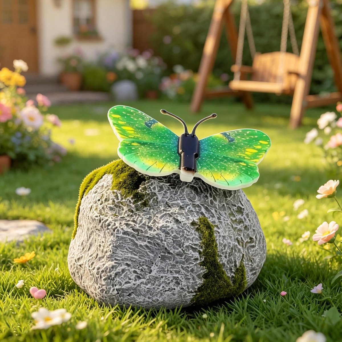 KZQ Solar LED tuinsteentje met vlinder - Verlichte decoratieve tuinsteen voor gazon en tuinpad - Groen