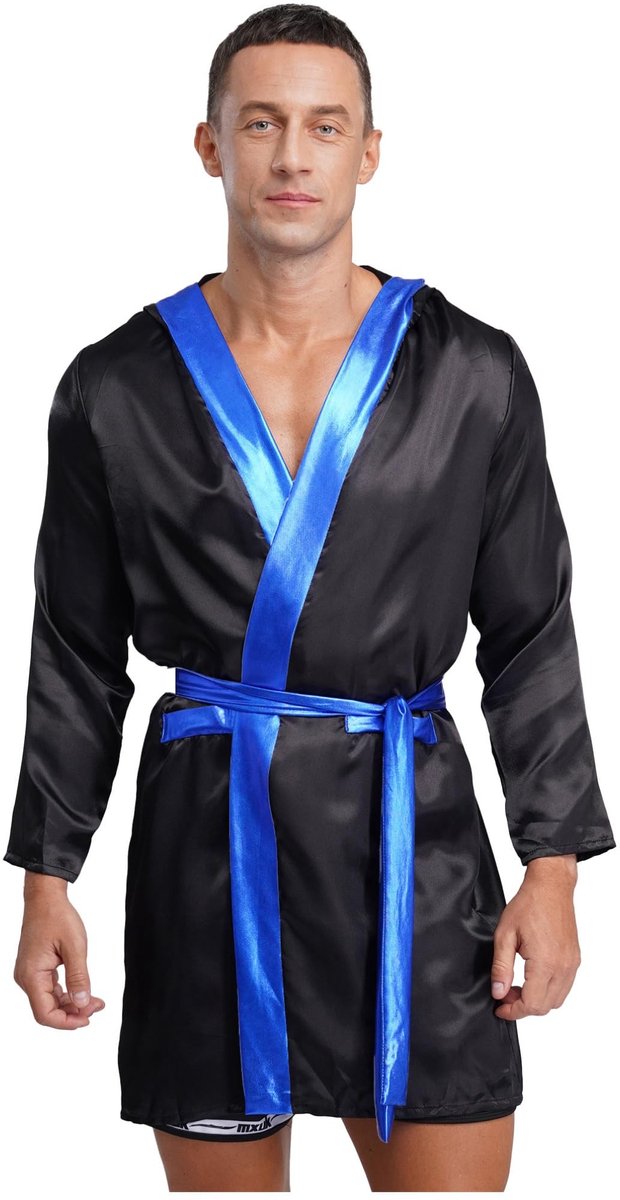 Satin Boxing Bathrobe met Kap - Zwart Blauw