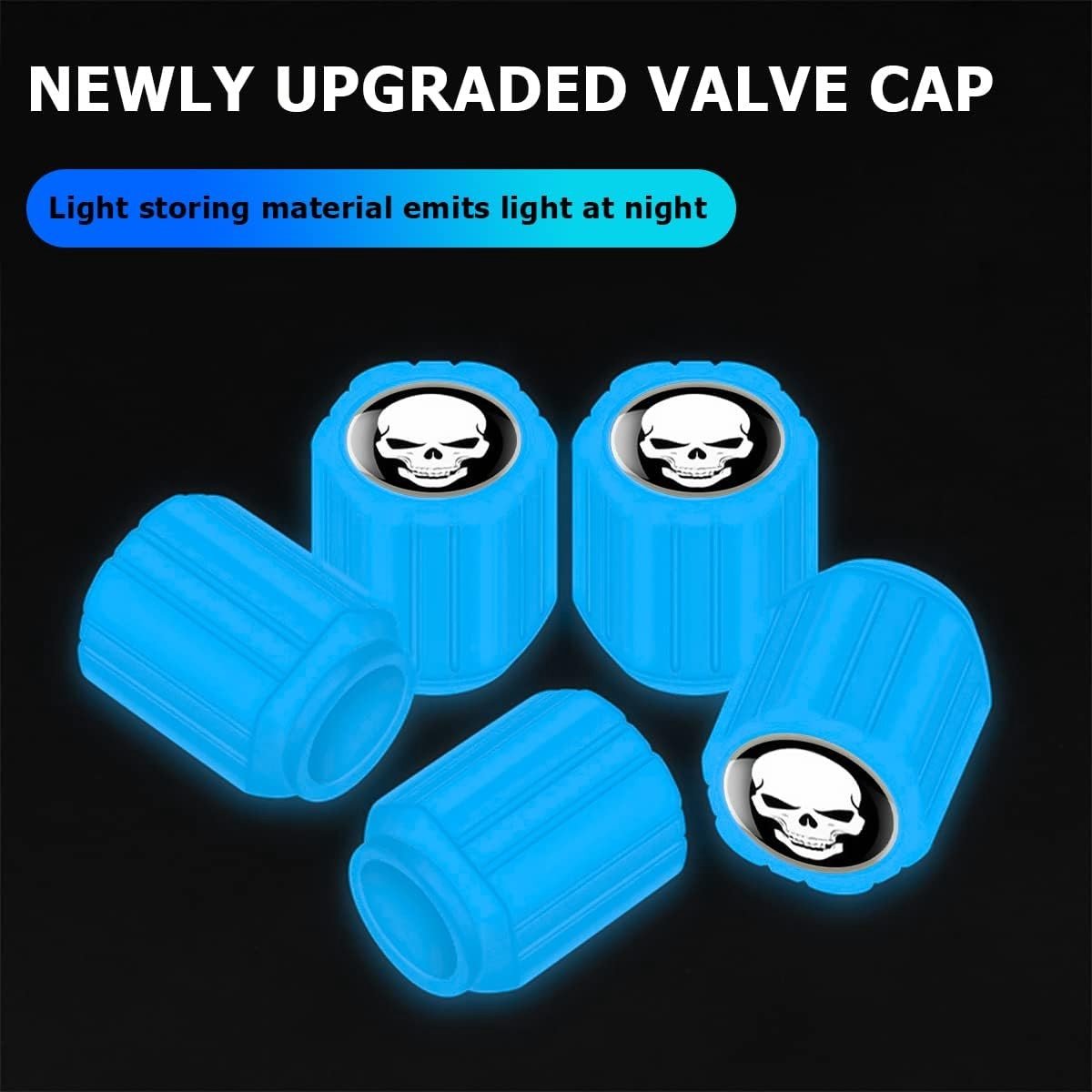 Set van 12 Fluorescerende Ventieldoppen voor Auto's, Fietsen en Motoren - Skulls, Blauw, Universeel Gebruik