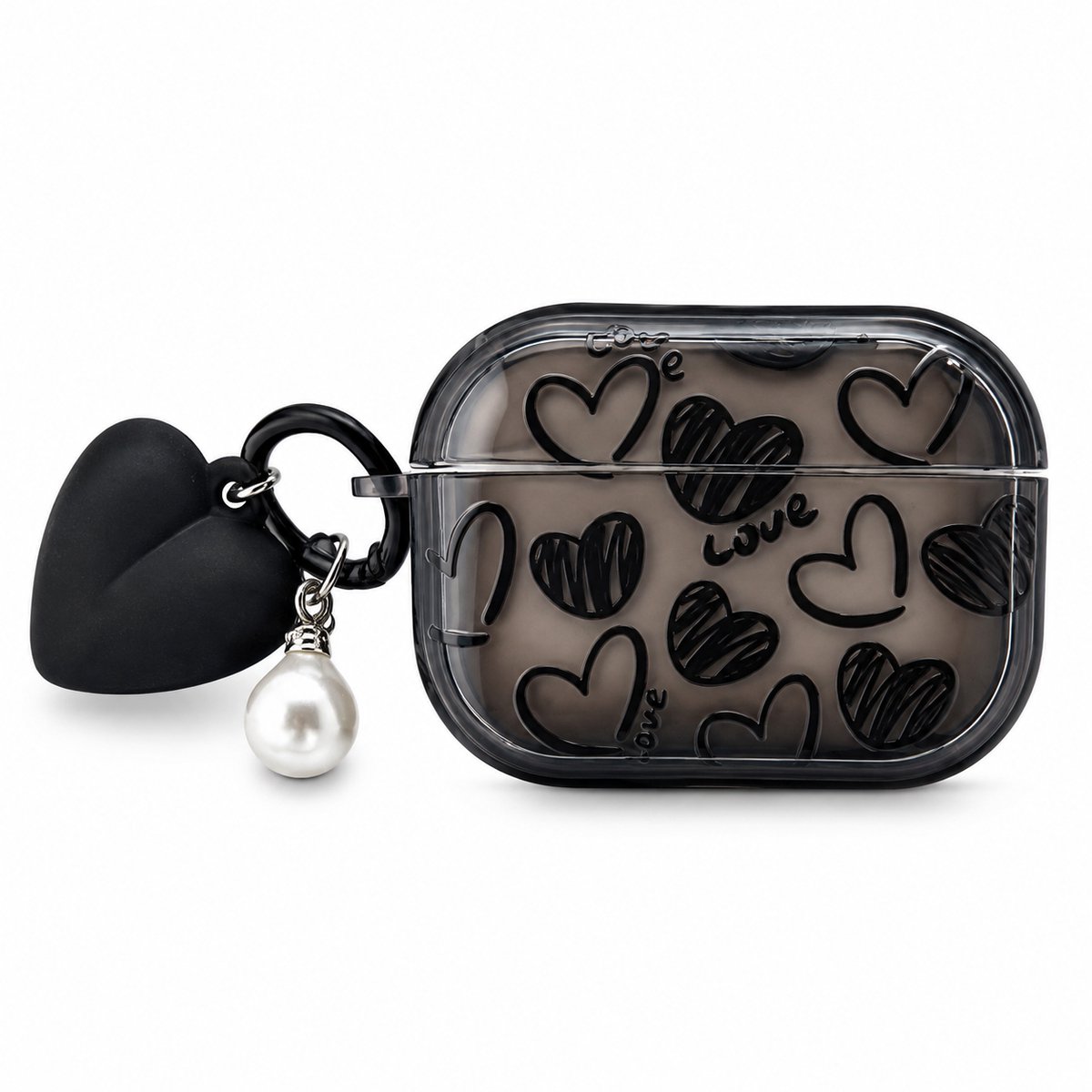 Enluxe Case geschikt voor Airpods 4 - Zwarte Hartjes - Hardcase met Hart- en Parelhanger, Schokbestendig Hoesje