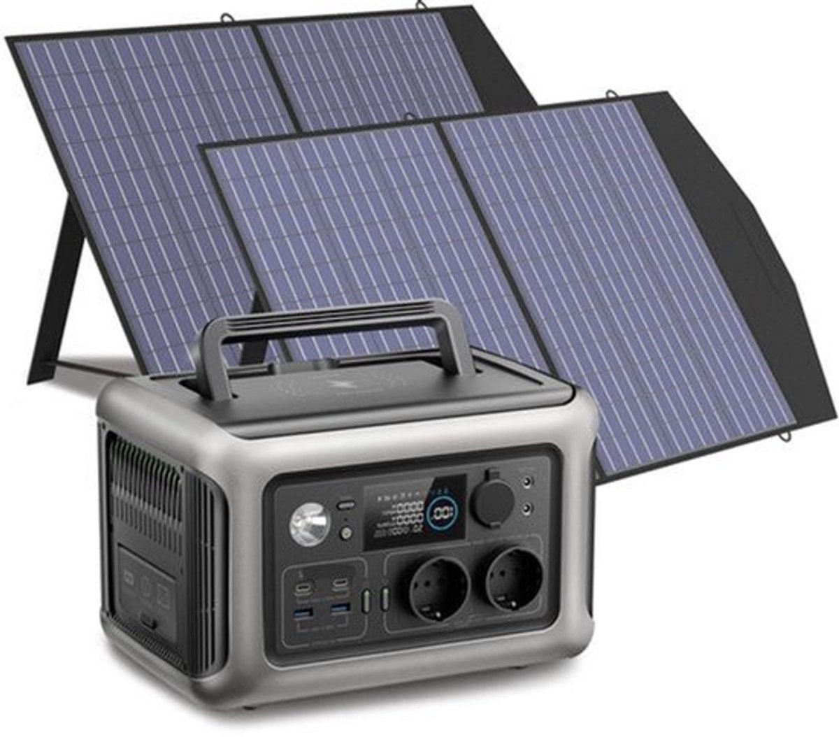 Powerstation - Generator - Aggregaat - Powerbank - Draagbare - 299Wh LiFePO4 - met 600W AC Uitgang en 2x 100W Zonnepaneel - voor Off-Grid, Camping en Noodstroom