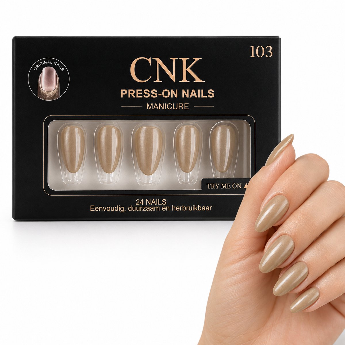 CNK 103 Press On Nails - Plaknagels - 24 Kunstnagels met Nagellijm, 24 Zelfklevende Plakstickers, Cleaner Wipe, Nagelvijl, Woodstick & Size Matcher - Nepnagels voor 7-14 Dagen - Herbruikbare Press-On Nagels - Starterspakket voor Manicure & Nail Art