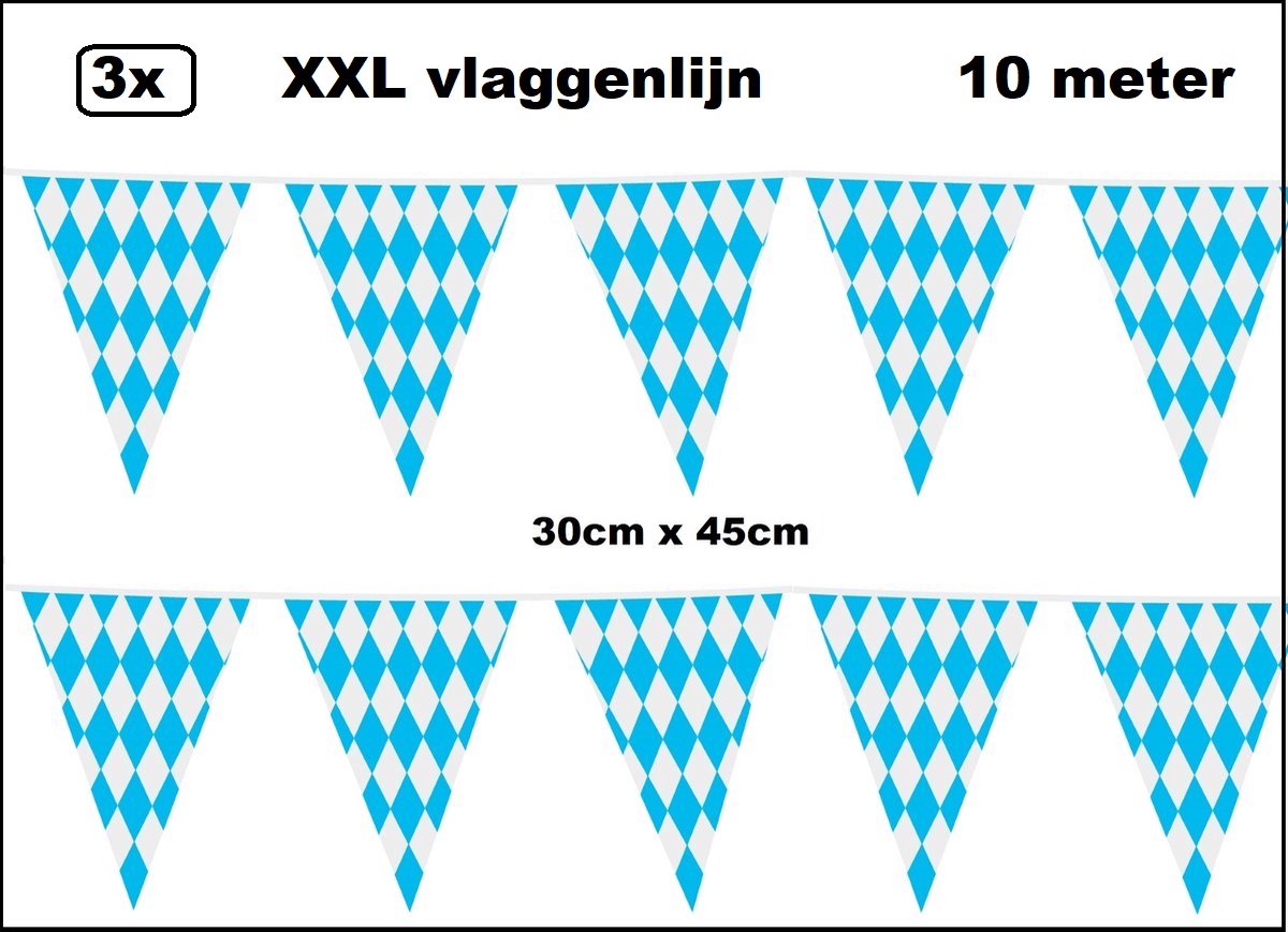 3 stuks XXL Vlaggenlijn blauw/wit geblokt 30cm x 45cm - 3x vlaggenlijn blauw/wit geblokt 10 meter - Giga vlaglijn themafeest party festival