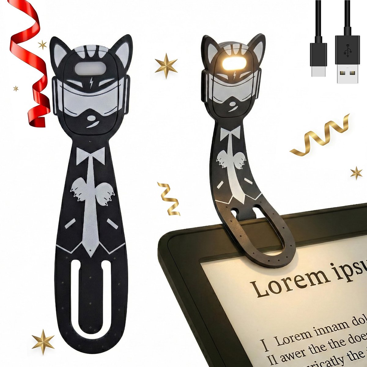 Namajunas - 2 IN1 Boekmerk Leeslampje - Klemlampen - Dimbaar - Met 3 Lichtkleuren & 5 Helderheid - Bladwijzer - Moeiteloos buigbaar - Draagbaar LED Leeslampje voor Boek - USB Oplaadbare - Kinderboeklamp - Bedlampjes Leeslampjes - Stoere Kat