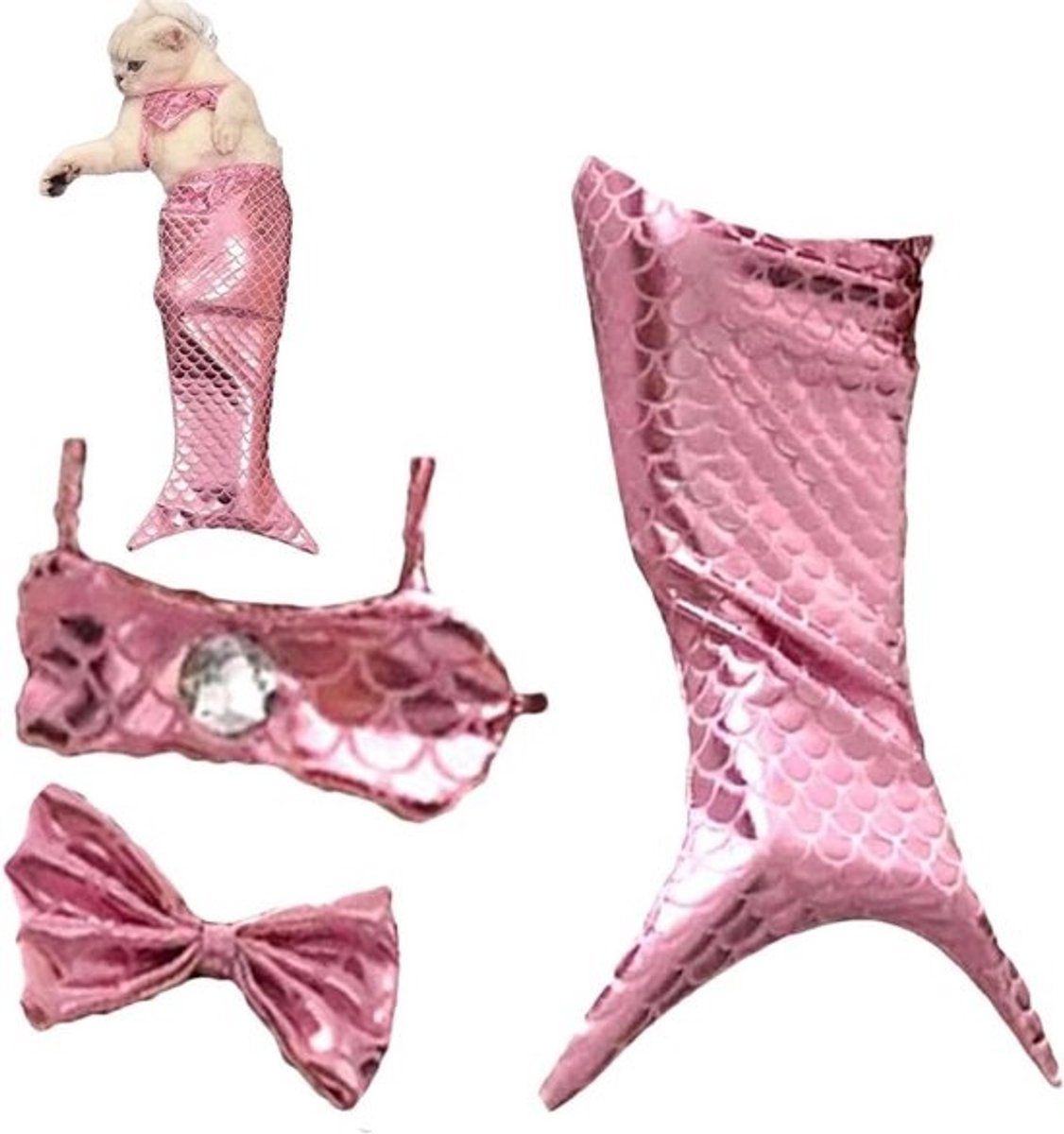 Zeemeermin Kattenkostuum - Huisdier Zeemeerminstaart - Feestelijke Aankleding - Glanzende Pailletten - Maat M - Roze