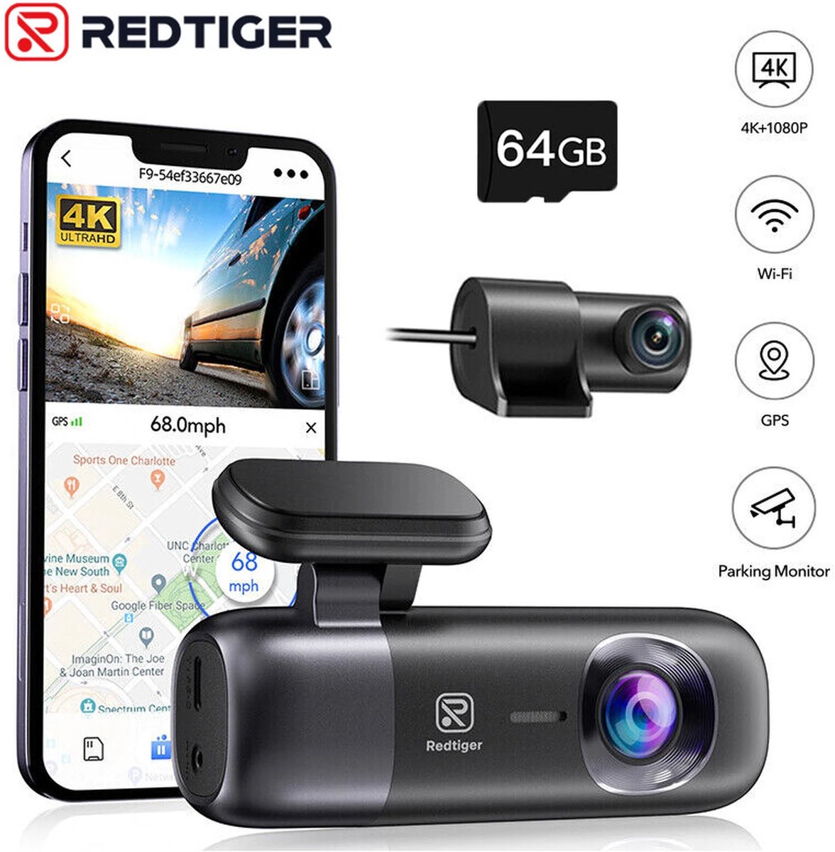 Dashcam 4K + 1080P – Voor- en Achtercamera – WiFi & GPS – Nachtzicht – App-bediening – Inclusief 32GB Kaart