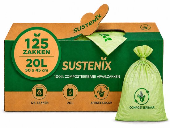 Groene Sustenix composteerbare afvalzak van 20L, 50x45cm, met een touwtje om dicht te binden. De doos bevat 125 zakken.