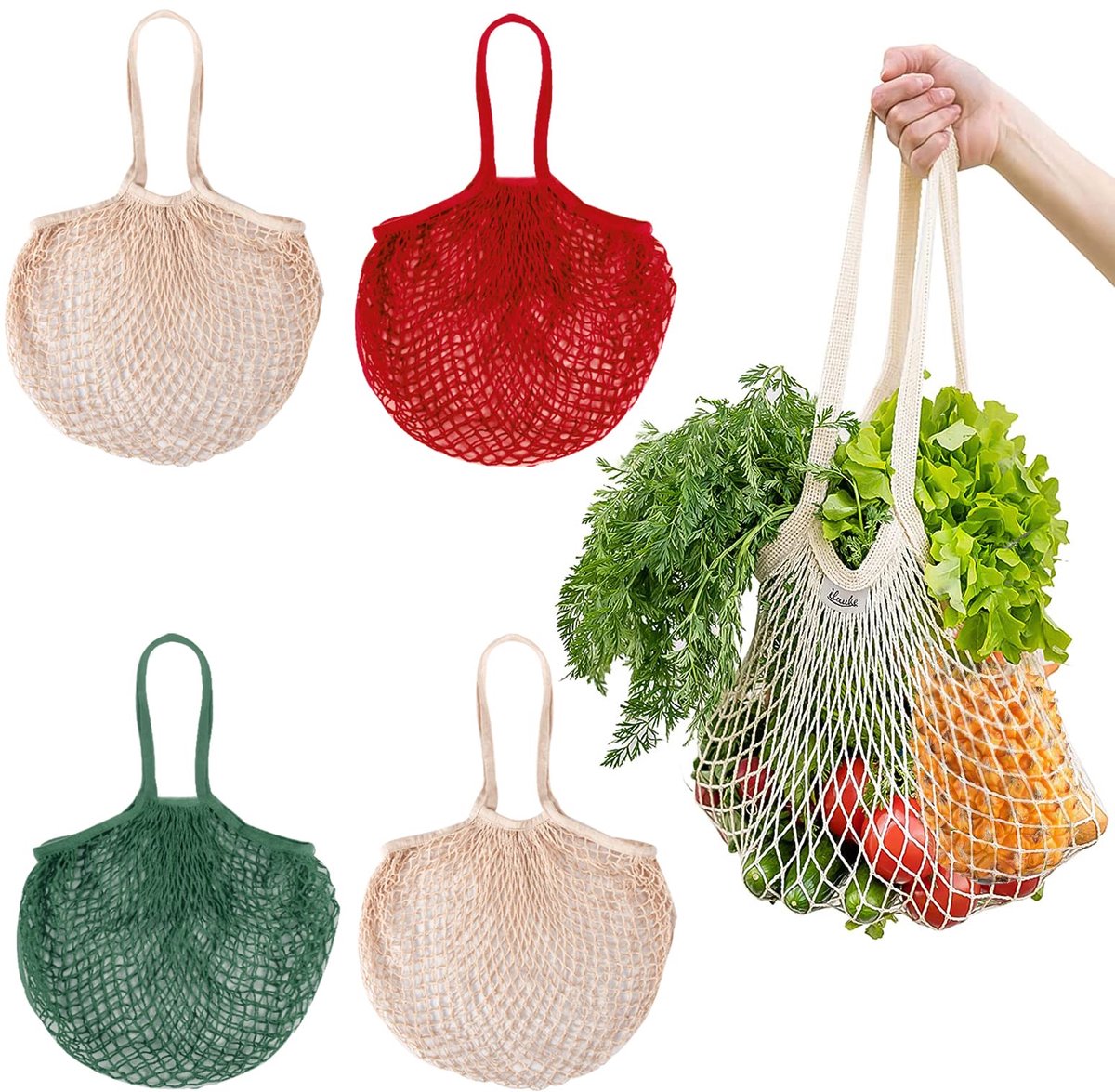 set van 4 katoenen mesh boodschappentassen, herbruikbaar, geweven opbergtas, opvouwbaar en wasbaar, voor winkelen, fruit, groenten, picknick, speelgoed, wit, beige, groen